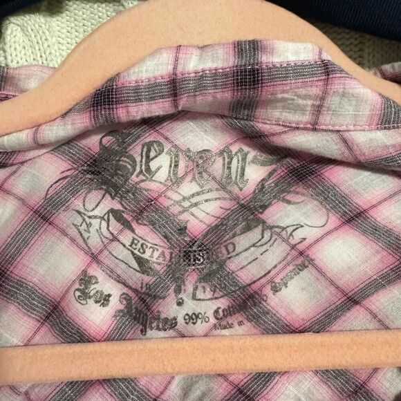 Seven7 Jeans Hot Pink Plaid Double Button Down Half Sleeve Cotton Shirt L - Picture 6 of 6